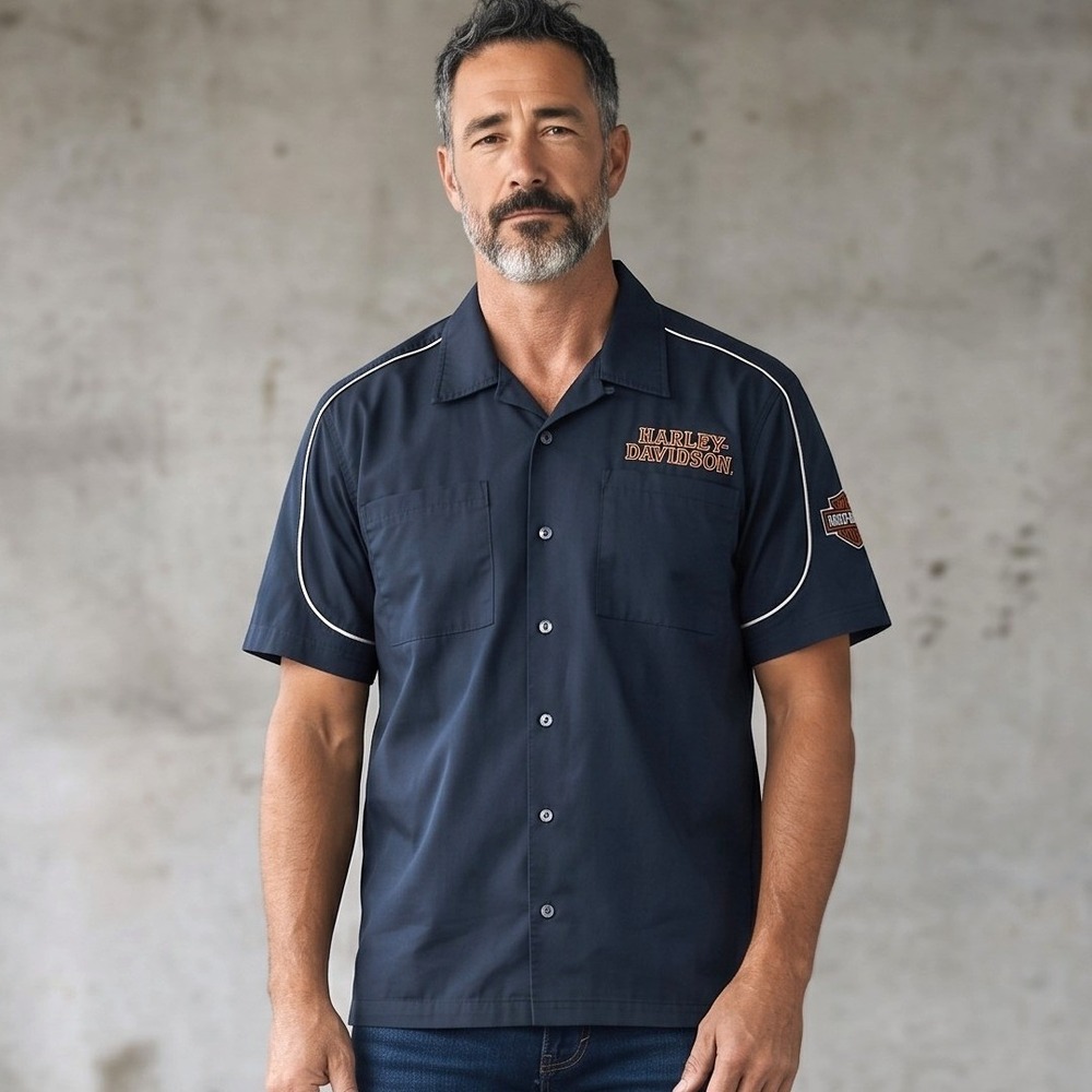 Harley-Davidson Garage Shirt Men's 2XL Black Orange Logo Mechanic Button Up EUC